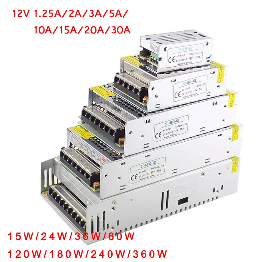 DC Power Supply Transformer, Switching LED Driver, Strip Light Switch Adapter, D1, 12V, 1A, 2A, 3A, 5A, 10A, 15A, 20A, 30A, 110V