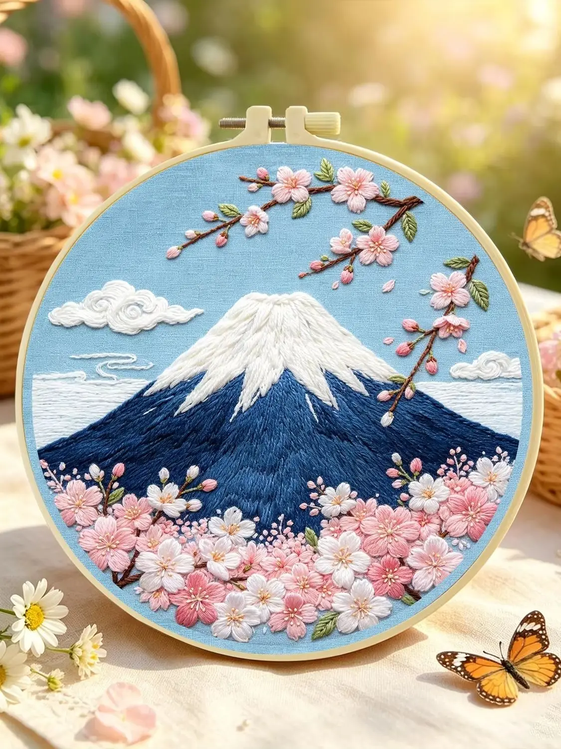 1 Set Kirschblüten-Fuji DIY-Stickerei-Set für Anfänger, Stick-Starter-Kit, Kreuzstich-Kunstgeschenk, Nadelarbeits-Bastelset – Detail 1
