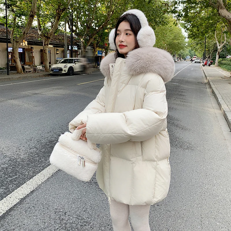 Halflange donskatoenen damesjas Verdikte modieuze winterjas met grote bontkraag Comfortabele casual stijl