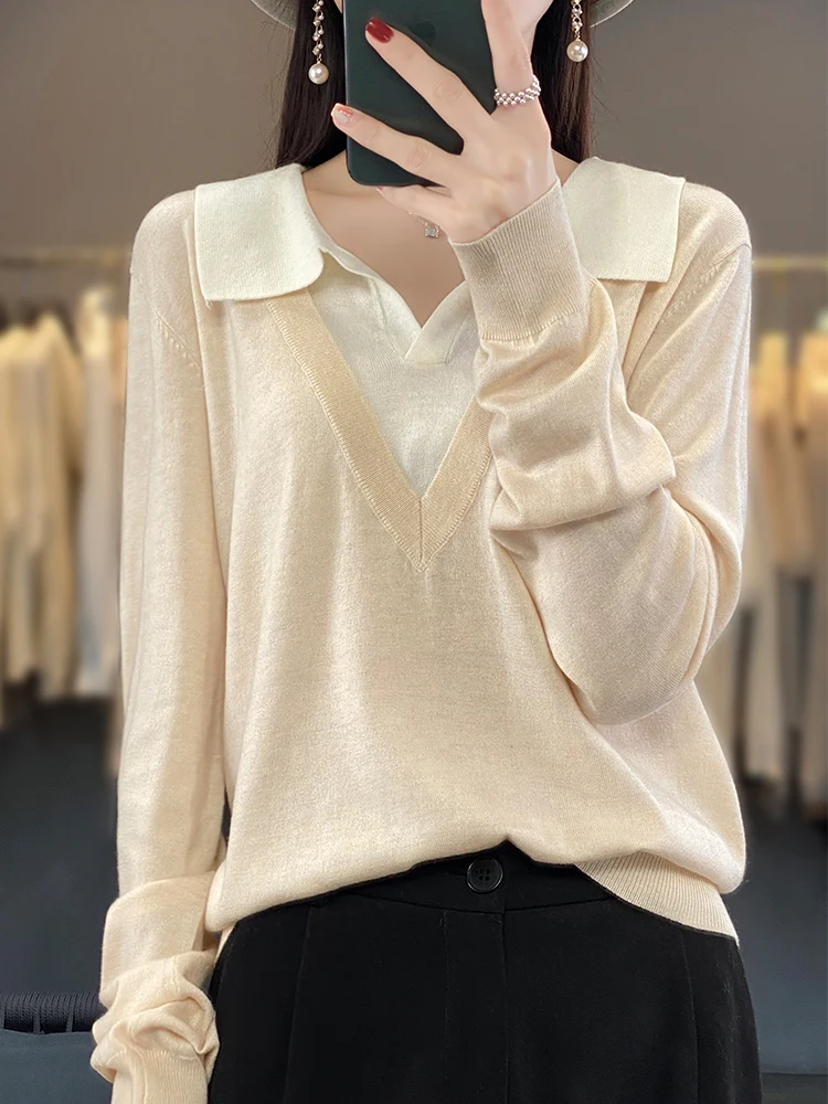 100% Merino Wool Women's Pointed Collar Pullover Autumn Winter V Neck Long Sleeve Multi Color Loose Outerwear Fashion Soft Tops
