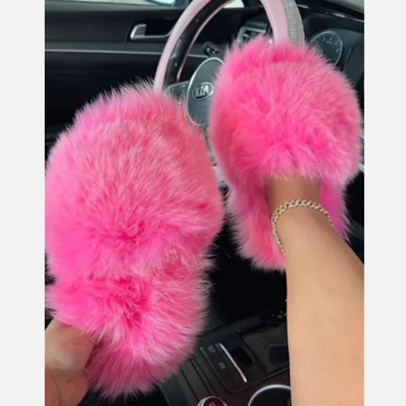 2.0 Fox Fur Slippers PVC Real Fluffy Raccoon Brown Multicolour Teddy Fur Slides  Y2k Cover Toes