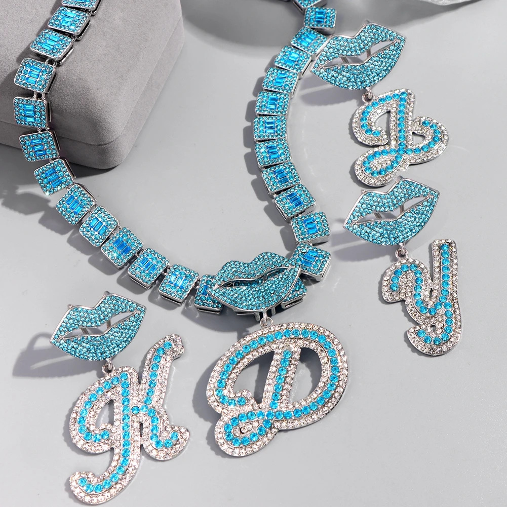 Iced Out Blue Cursive Initial Crystal Letter Necklace For Women High Quality Square Cuban Chain Baguette Rapper Necklace Jewelry