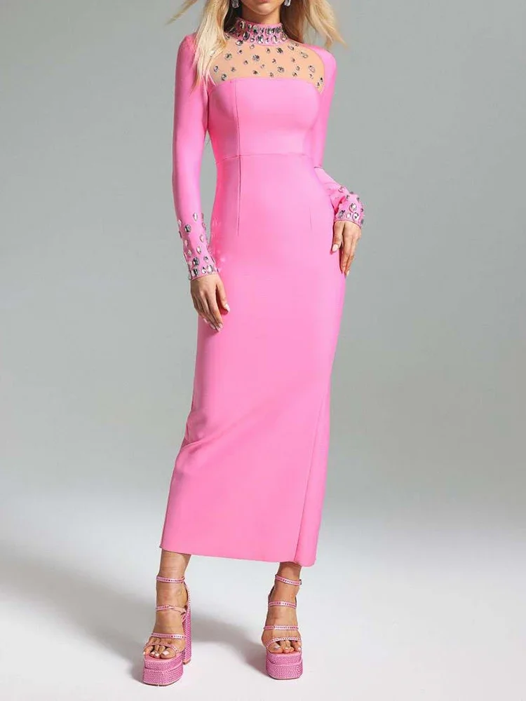 

Sexy O Neck Luxury Crystal Long Sleeves Bandage Dress Women Mesh Patchwork Pink Beading Long Bodycon Evening Party Gowns