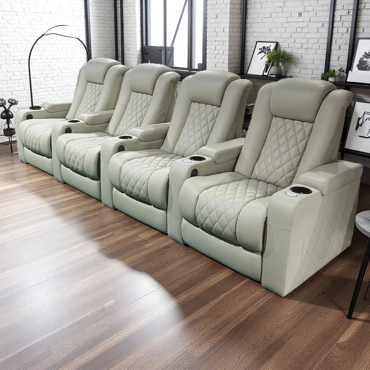 Sofás reclináveis modernos de couro creme para home theater com porta USB para sala de estar, escola e academia, móveis para cadeira de cinema