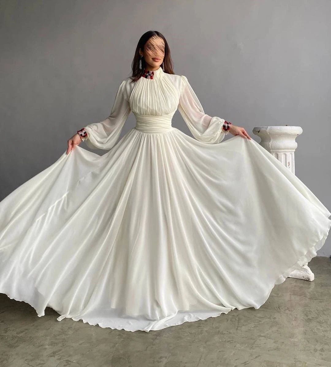 Fashionvane 2024 High Collar Wedding Dresses Ruched Long Sleeves Bride Wear Formal Occasion Gowns A Line Special Party Dress