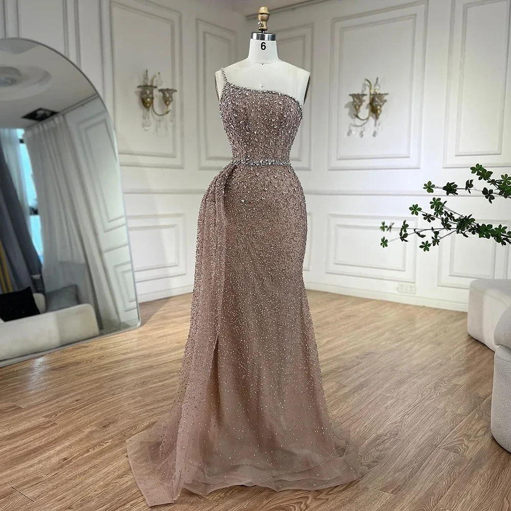 Vestidos de Noche de lujo con cuentas Overski, sirena color caramelo, un hombro, personalizados, para fiesta de boda, BLA72144, 2025