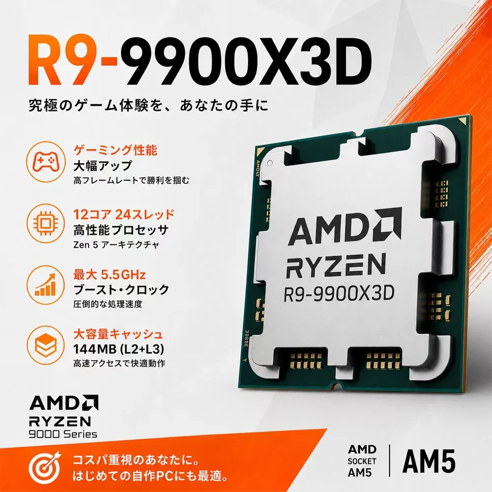AMD Ryzen 9 9900X3D CPU プロセッサー R9 9900X3D 12コア 24スレッド 5.0GHz 120MB L3キャッシュ Socket AM5 デスクトップ CPU ゲーミング Zen 5
