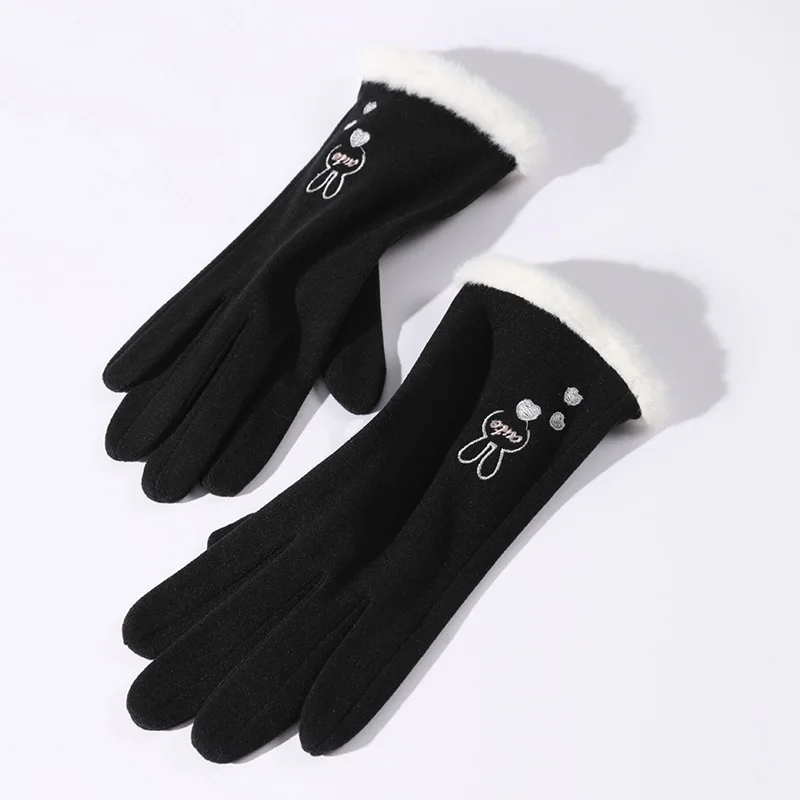 Feminino elegante outono inverno manter quente tela de toque bola pele fina sólida simples luvas ciclismo drive camurça tecido à prova vento