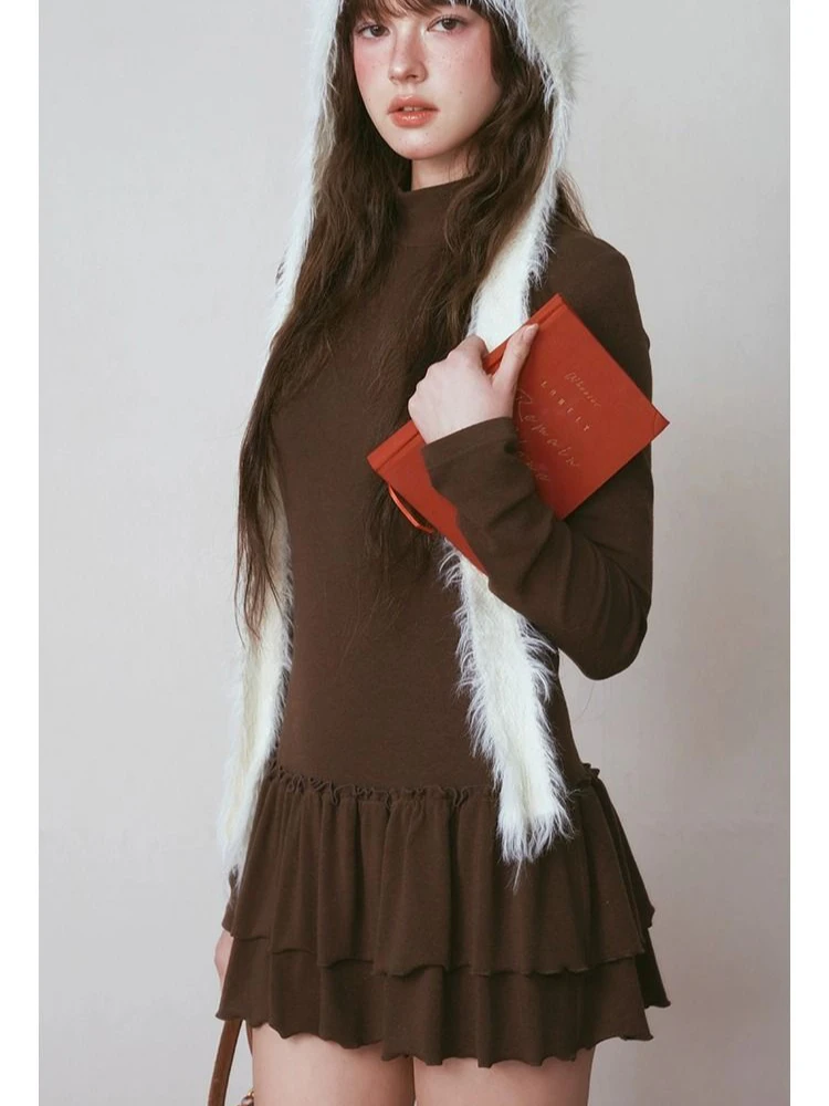 Estilo japonês Harajuku Y2K menina picante gola alta slim fit vestido de manga comprida outono e inverno nova tendência vestido em camadas emo