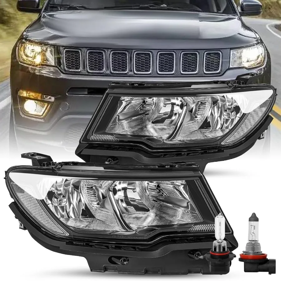 

Halogen Headlight Assembly Replacement for 2017 2018 2019 2020 2021 Jeep Compass Headlamp Black Housing Not Fit for Cherokee