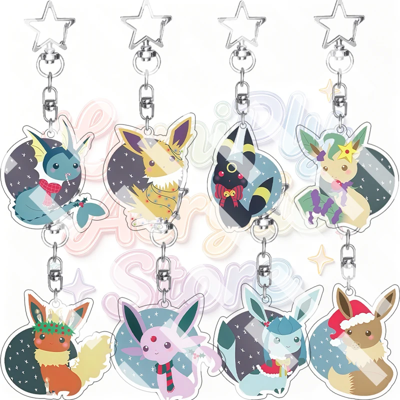 Kawaii Christmas Eevee Anime Acrylic Keychain Vaporeon Jolteon Umbreon Xmas Party Backpack Pendant Charm Holiday Bag Accessory