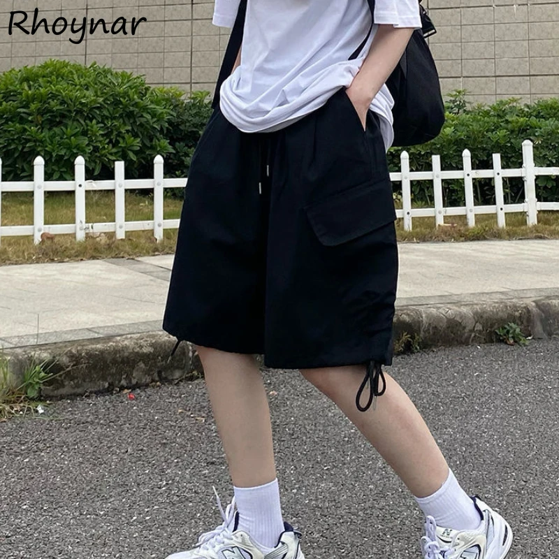 Shorts Women Unisex Couples Casual All-match Solid Popular Loose Summer Korean Style Trendy Pockets Lace-up Elastic Waist Cozy