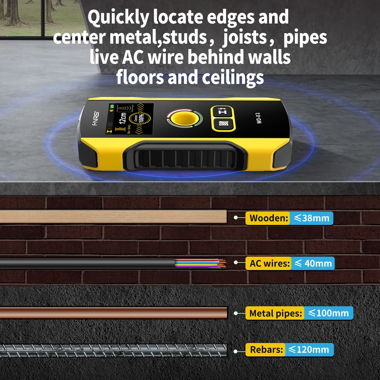 FNIRSI WD-01 WD-02 Metal Detector Wall Scanner with Newly Designed Positioning Hole for AC Live Cable Wires Metal Wood Stud Find