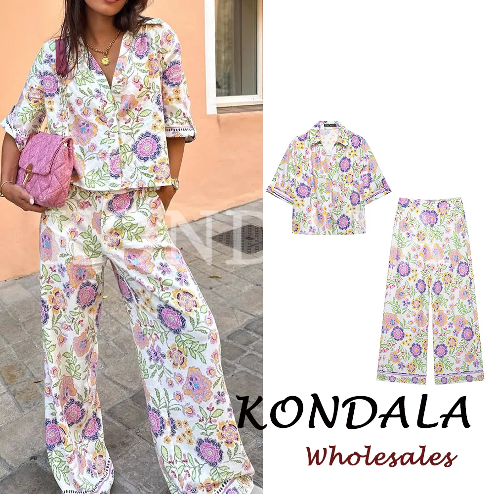 KONDALA Schicker Damen-Vintage-Anzug mit Blumenmuster, Knöpfen, lockerem Hemd und Reißverschlusstaschen, lange Hose, modisch, 2026, eleganter Urlaubsanzug