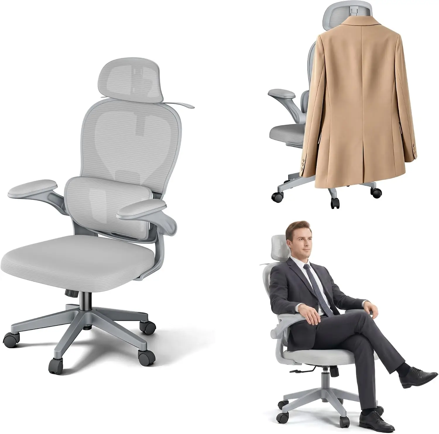 Silla de oficina ergonómica, soporta hasta 150 kg, con gancho para colgar ropa, silla de escritorio multifuncional, silla de juego ajustable, silla giratoria para oficina, ideal para trabajar desde casa, color gris.