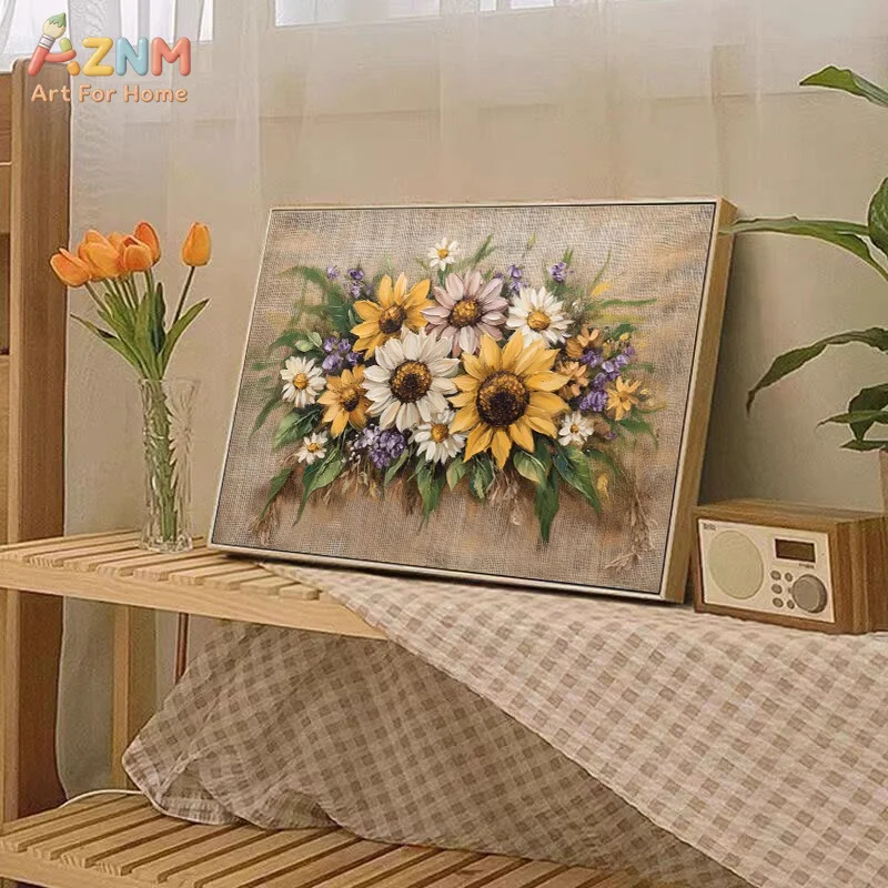 AZNM Vintage Sunflower Canvas Wall Art Rustic Floral Oil Painting Style Print for Living Room Decor