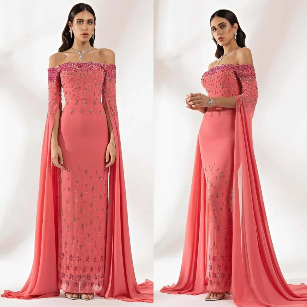 

Customized Delicate pink Jersey Evening Dress Exquisite Strapless Cap Sleeve Long Sleeves Zipper Back Special Occasion Gowns