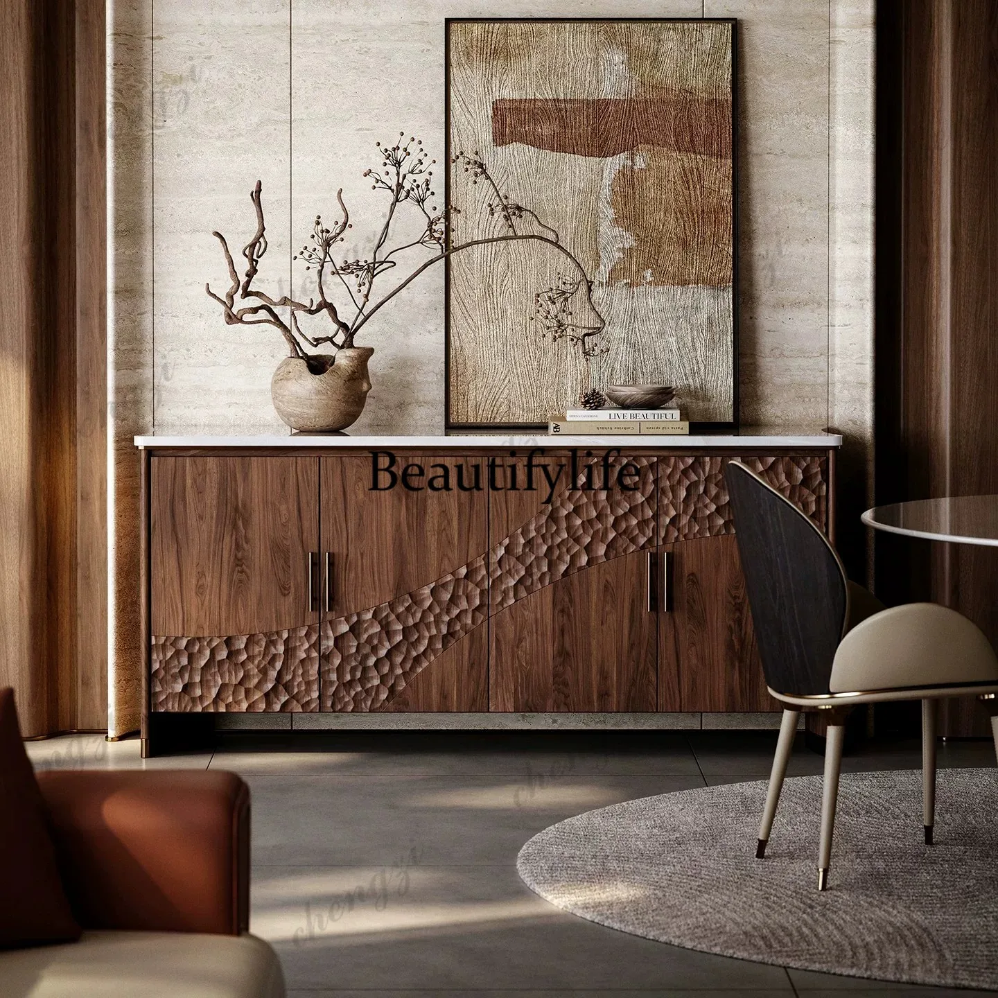 North American black walnut art carving cabinet New medieval design sense Solid wood carving dining side cabinet