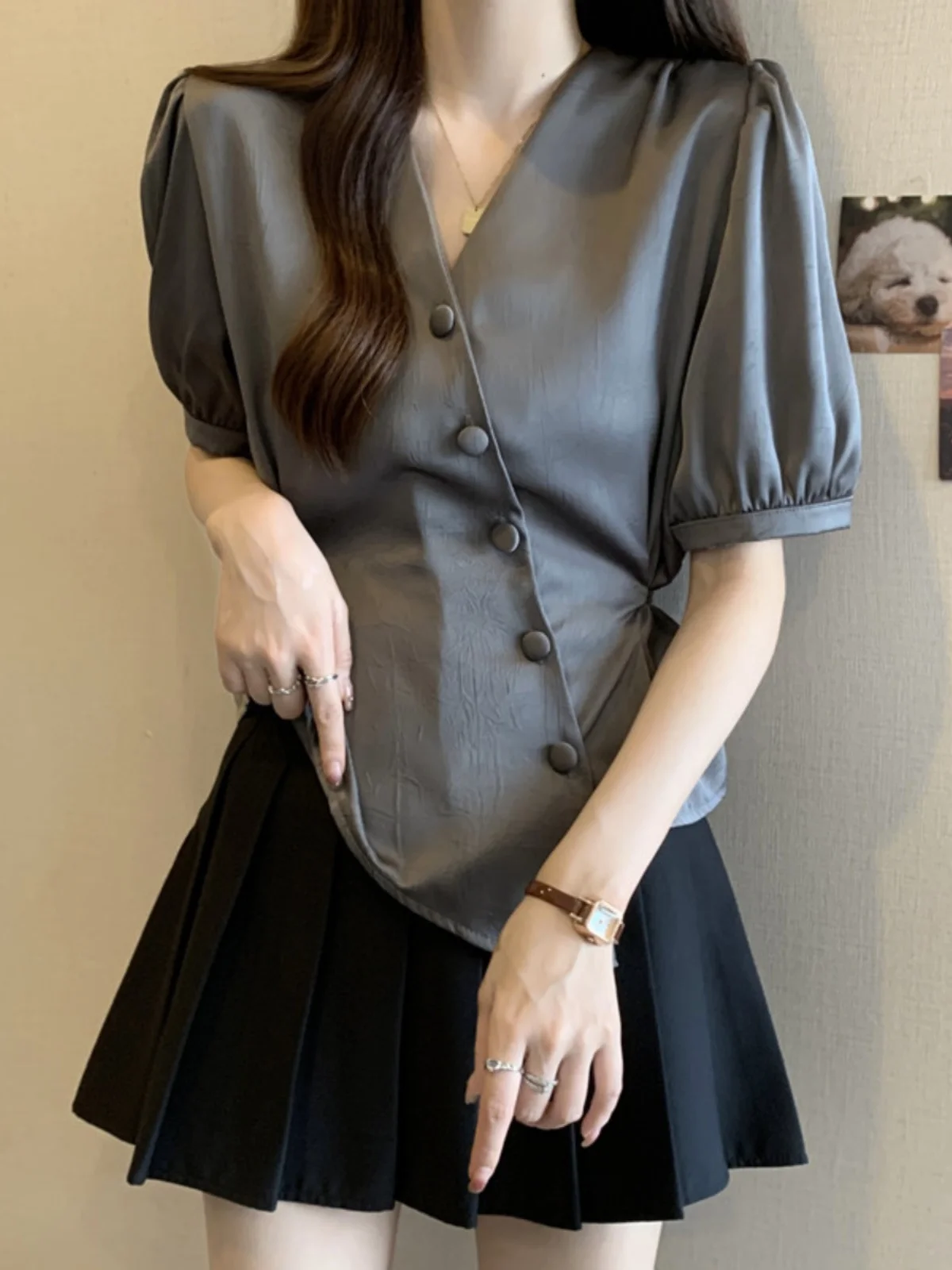 

Elegant V-neck Bubble Short Sleeve Shirt Women's Summer plus Size Slimming Top Korean Style Loose Fit Casual Wear