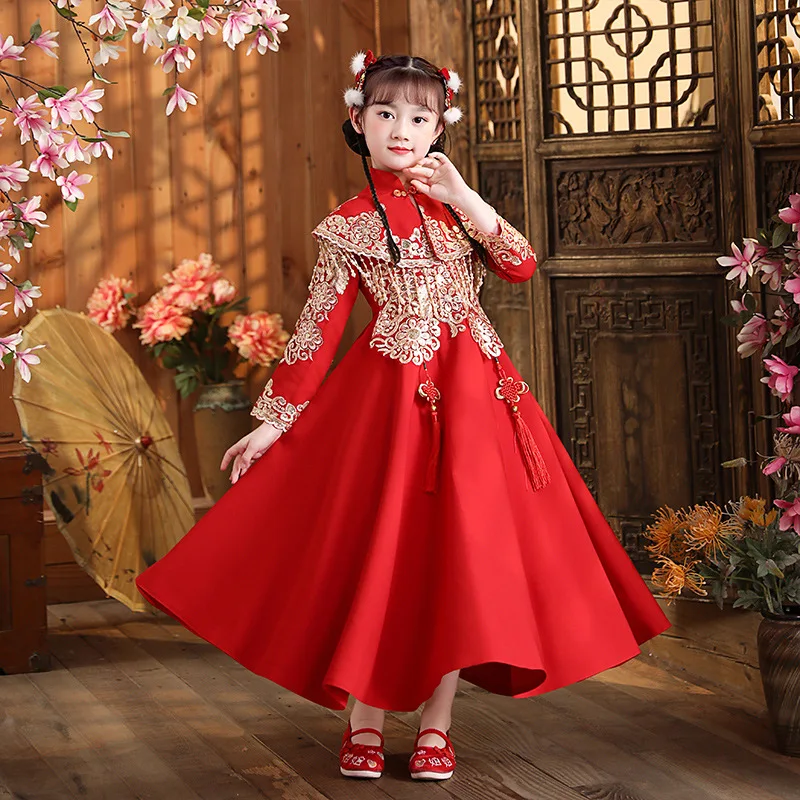 Red Chinese New Year Clothes For Girls Vintage Hanfu New Baby Cheongsam Winter Quilted Dress Children's Tang Suit Christmas Gift