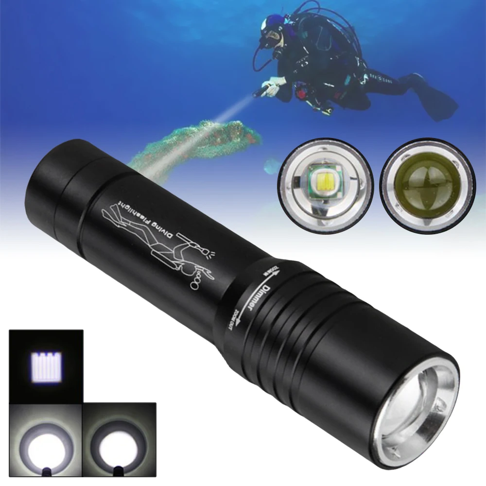 Lampe de poche zoomable étanche IP68, lampes de plongée de loisirs, torche de plongée sous-marine, camping en plein air, 1200 lumens, 30m