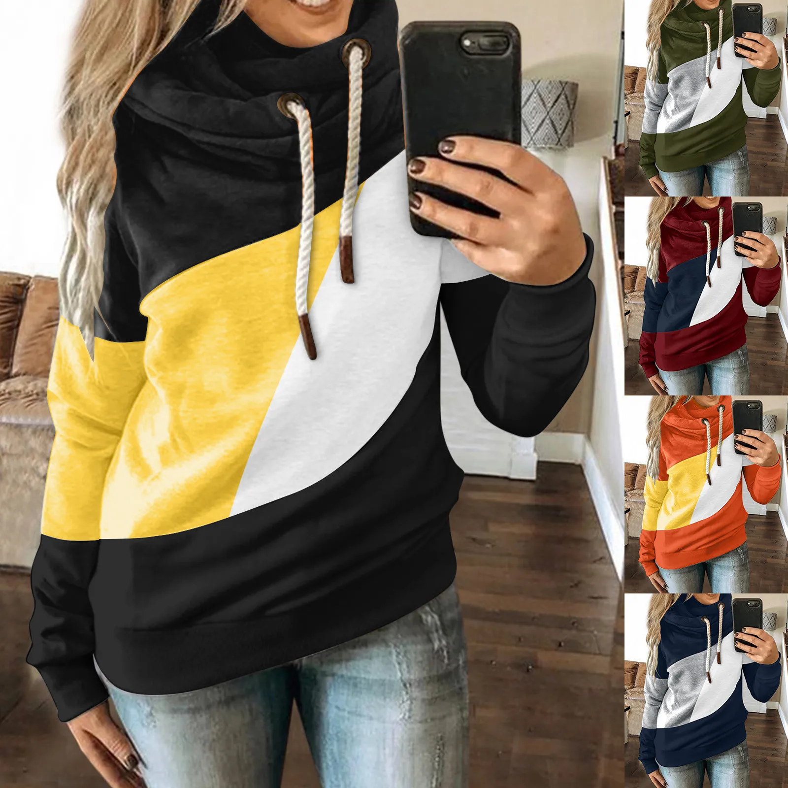 

Women Casual Solid Contrast Long Sleeve Hoodie Sweatshirt Tops Female Sweatshirt Kpop Loose Sweatshirt