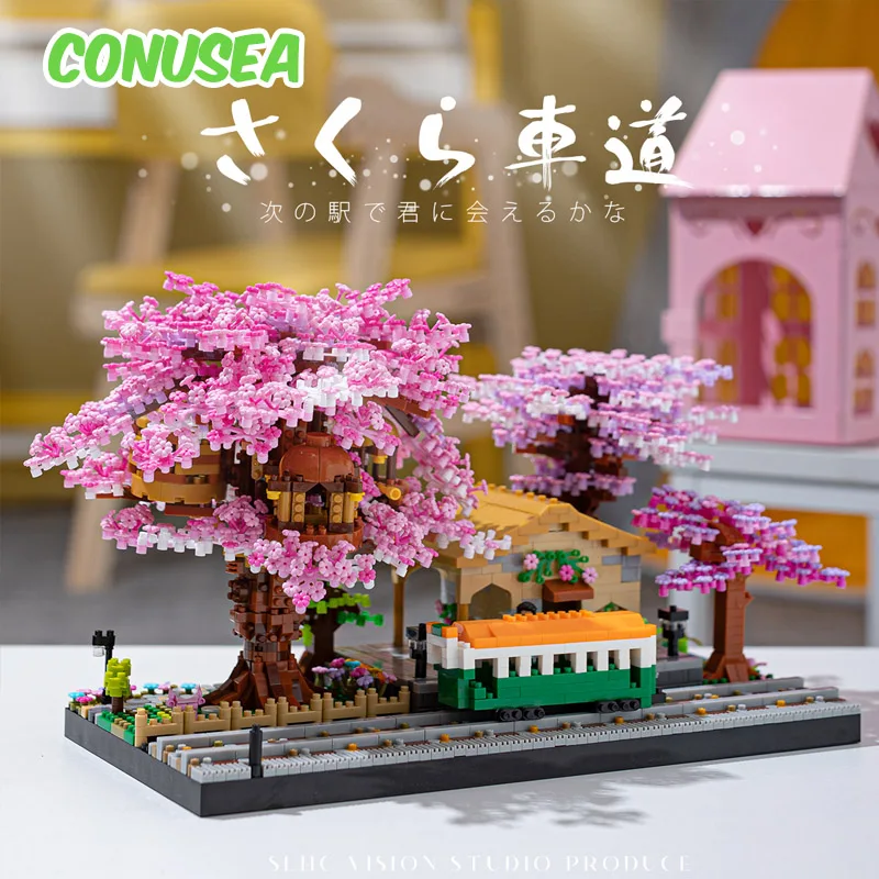 

Sakura train station Micro Building Blocks Set Cherry Blossom Bricks with Light Treehouse Model Romantic Gift for Girlfriend
