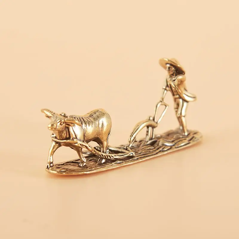 Brass Old Farmer and Ox Tea Pet Chinese Style Metal Carving Hand Play Desktop Decor Craft Collectible Ornament