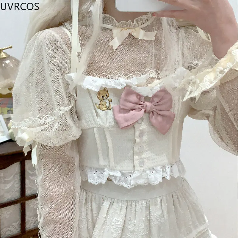 Victorian Gothic Lolita Shirts Women Vintage Elegant Rose Bow Lace Blouses Girls Japanese Style Long Sleeved Chiffon Mesh Tops