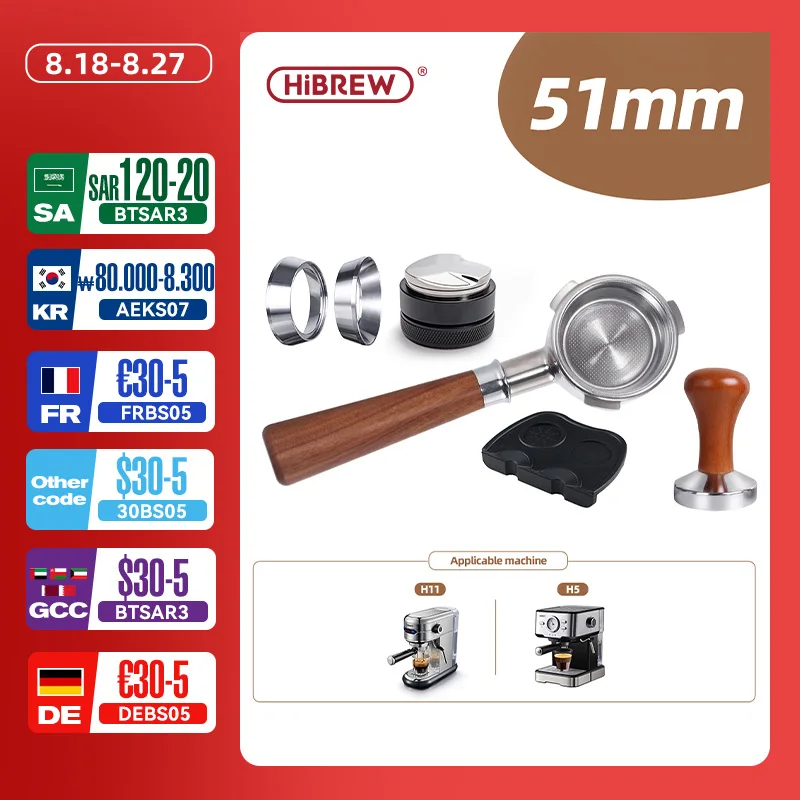 HiBREW manico in polvere per caffè senza fondo 51mm acciaio inossidabile 304 e legno massello