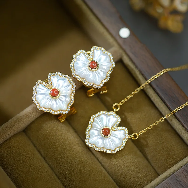 

S925 Silver Plated Gold Inlaid White Mother-of-pearl South Red Agate Lapis Lazuli Earrings Necklace Jewelry Set