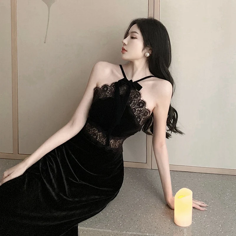 Party Dress Woman Sleeveless Halter Lace Patchwork Bow Backless French Style Velvet Slim Vintage Black Sexy Dresses Lady