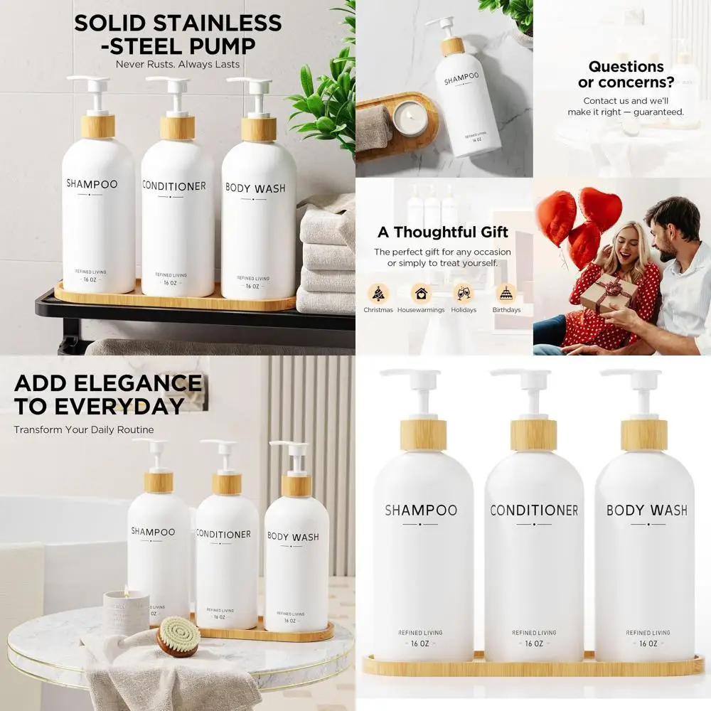 

Bamboo Shower Dispenser Set: 3-Pack White Shampoo & Conditioner Bottles with Pump