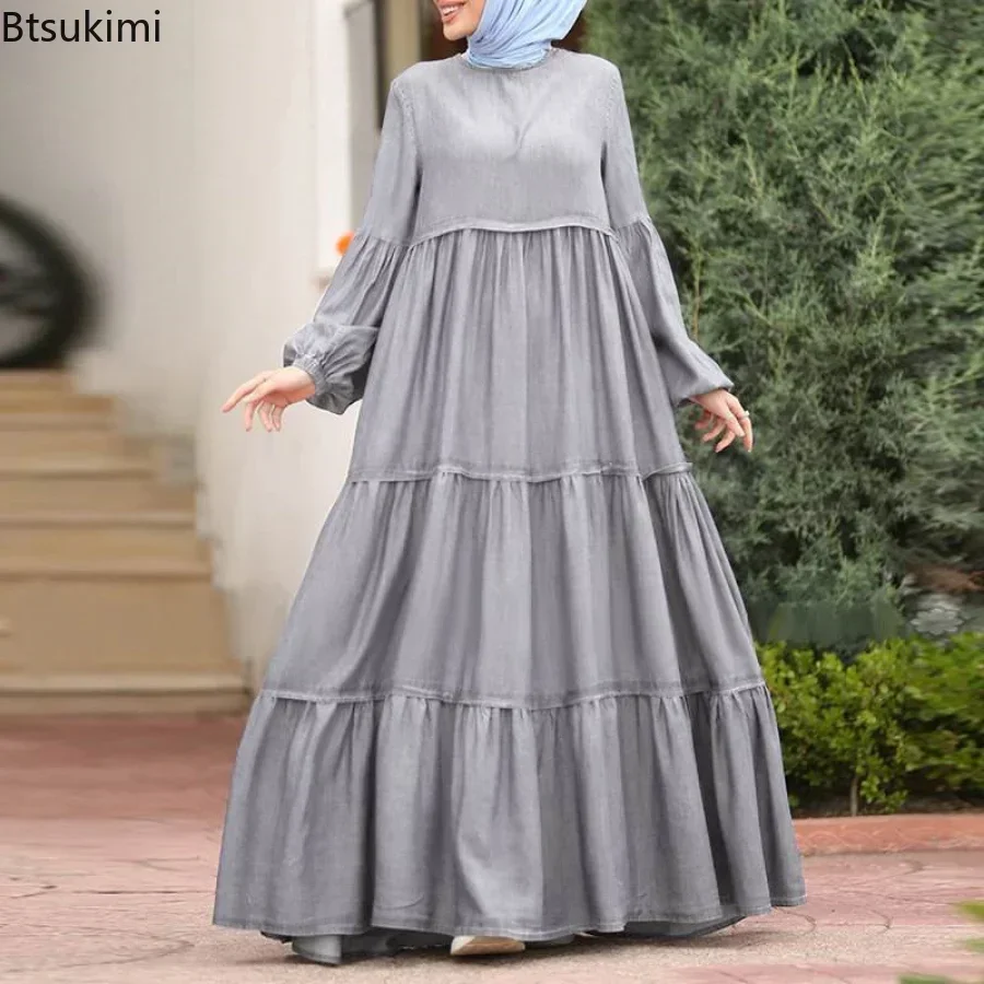 New 2024 Women\'s Casual Sun Dress Fashion Loose Muslim Dress Abaya Long Sleeve Islam Clothing Abayas Women Dubai Robe Oversized