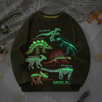 소년 코튼 긴팔 티셔츠, 아기 공룡 프린트 의류, 가을 겨울 학교 야외 놀이 파티, 이너 천 탑 