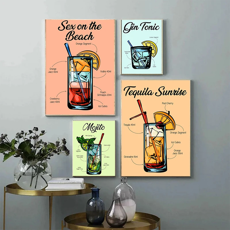 Cocktail Ingredients Recipe Poster Kamikaze Cocktail Sex on The Beack Canvas Painting Wall Art Picture Bar Club Home Decor