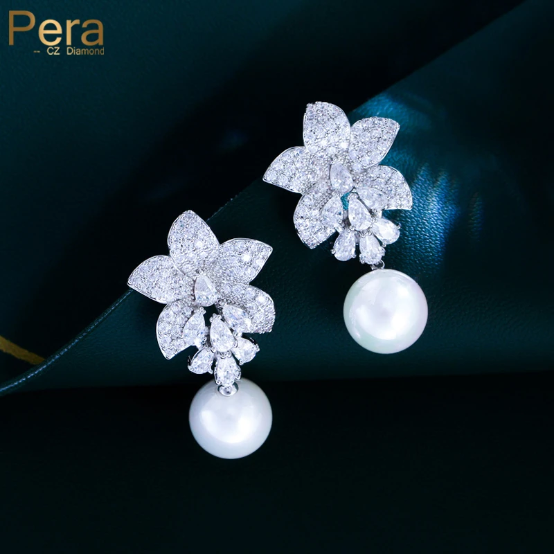 Pera Graceful Flower Charm White Cubic Zirconia Long Dangly Pearl Drop Earrings for Women Fashion Bridal Wedding Jewelry E0012