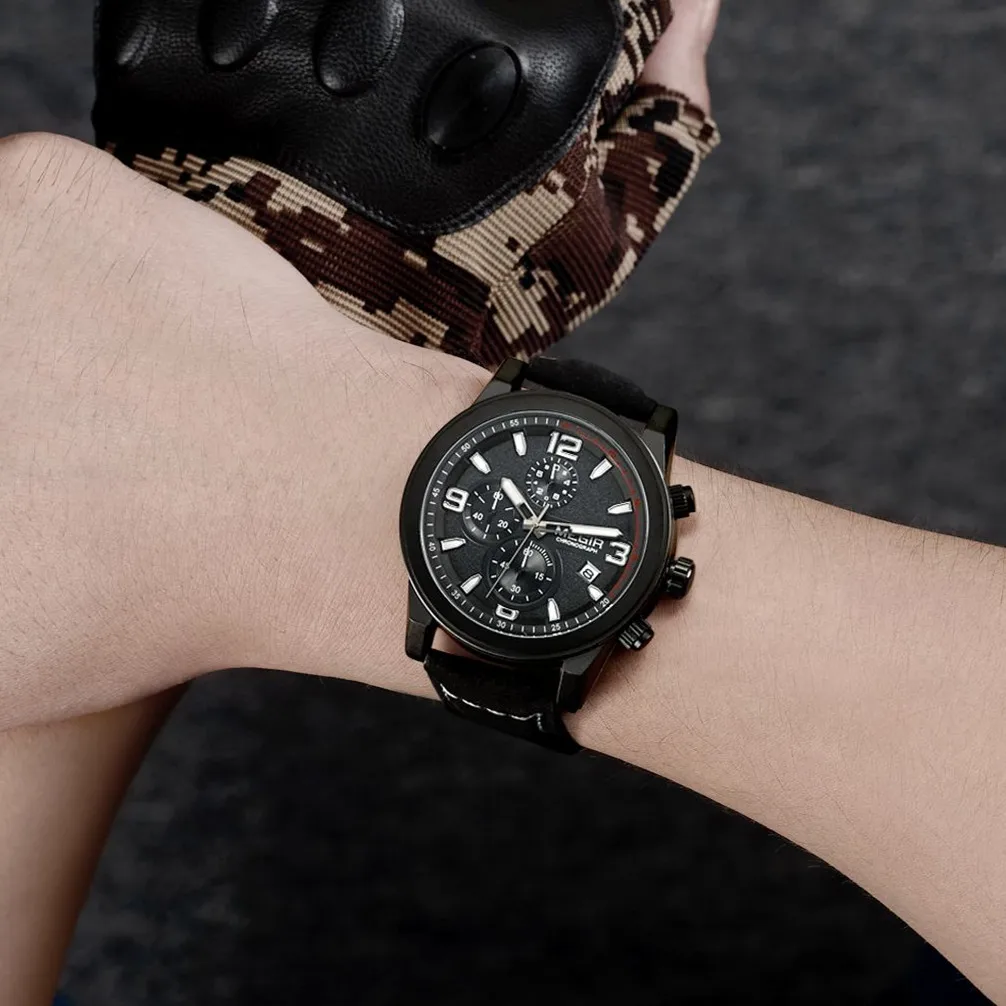 MEGIR 2026 العلامة التجارية الفاخرة للرجال حزام من الجلد ساعة كوارتز تاريخ تلقائي كرونوغراف مقاوم للماء ساعات الموضة للرجل Reloj