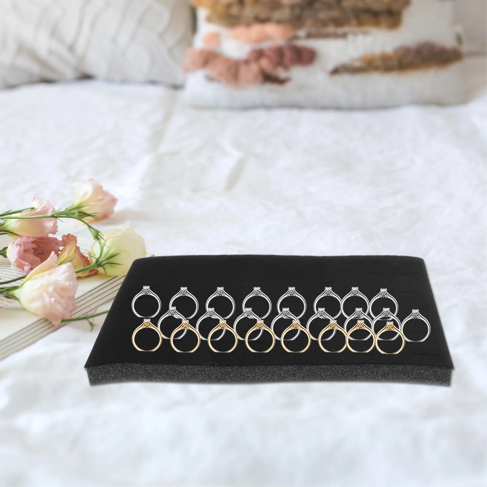 Bandeja de joias preta com inserção de espuma, anel, brinco, organizador de exibição para caixa de joias, solução de armazenamento empilhável