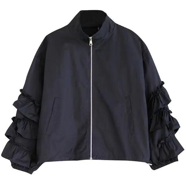 

Short Autumn Jacket with Ruffle Patchwork Coat Fashion Stand Up Collar Long Sleeve Casual Coat