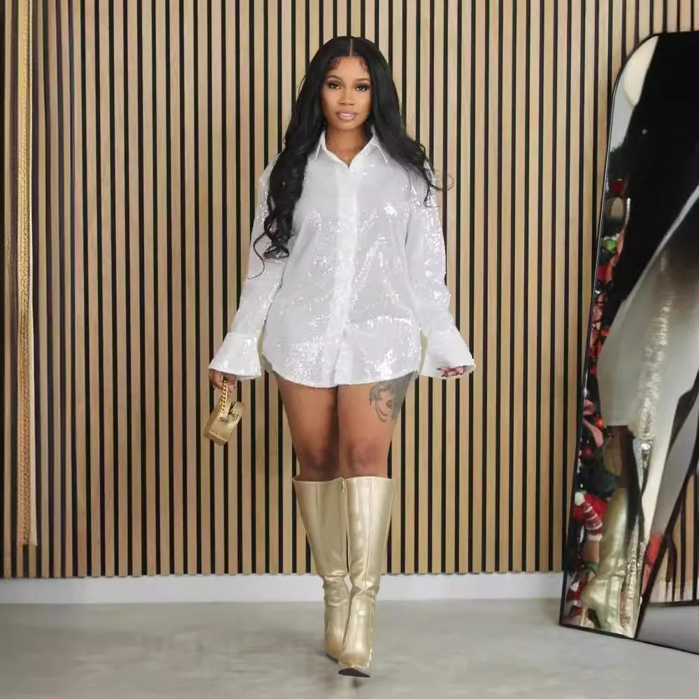 D8657 2025 유럽 여성용 스트레치 단색 스팽글 루즈핏 긴팔 약간 플레어드 셔츠 드레스