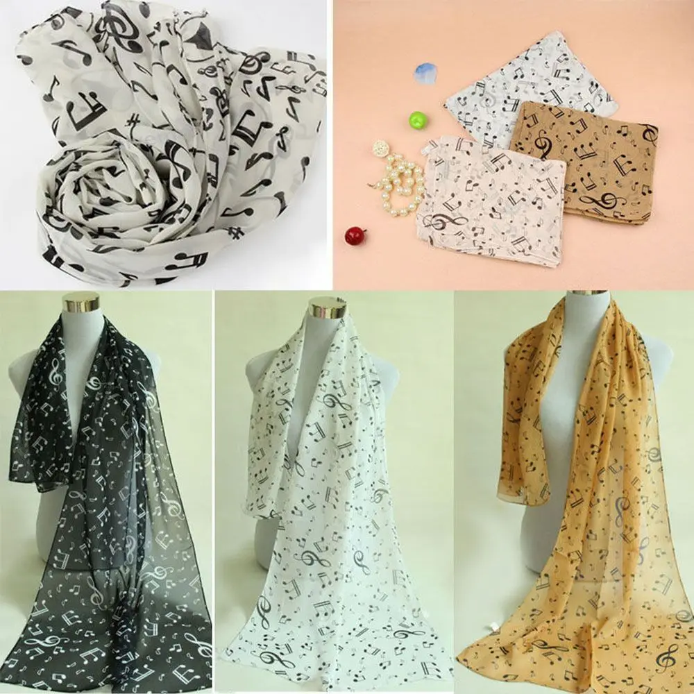 Fashion for Four Season Treble Clef Printed Women Neck Scarf Sheet Muffler Shawl Chiffon Silk Scarf Music Note Printed Scarf