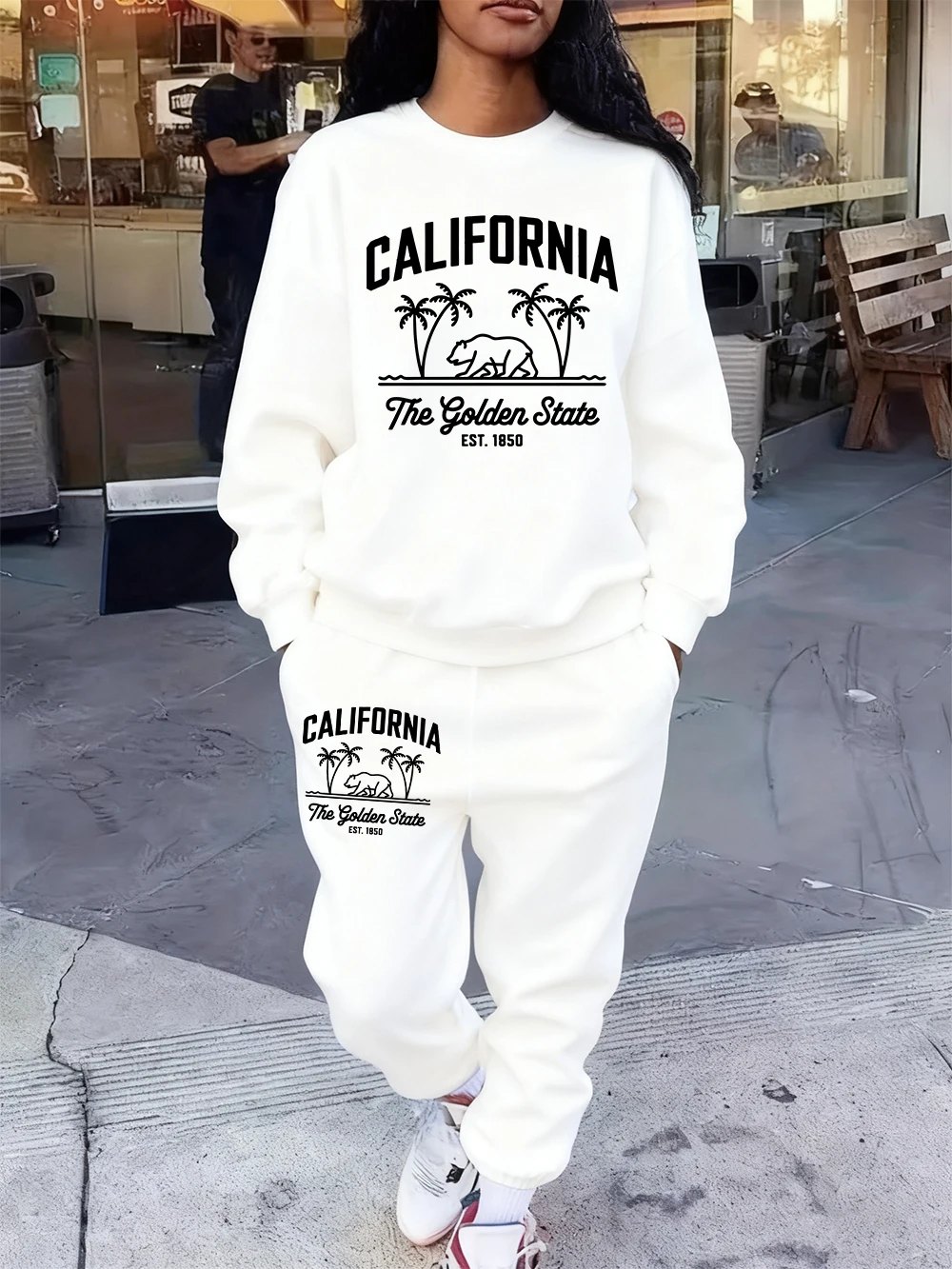 

Женский комплект с капюшоном из 2 предметов, спортивные штаны с принтом «Золотой штат», свободный флисовый пуловер, одежда для бега, зимняя одежда с карманами