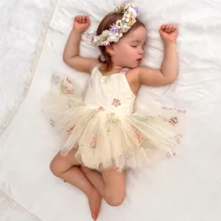 Newborn Baby Girl Princess Fairy Tulle Dress Flower Sling Romper Infant Toddler Daisy Embroidery Jumpsuit  Baby Clothes 3-18M