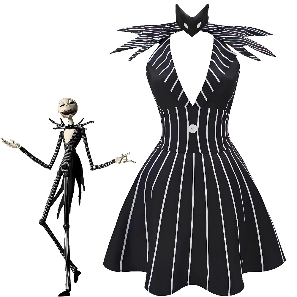 

Skellington Cosplay Costume Christmas Night Outfit Black Stripe Dress For Woman Halloween Party Fancy Demon Clothes