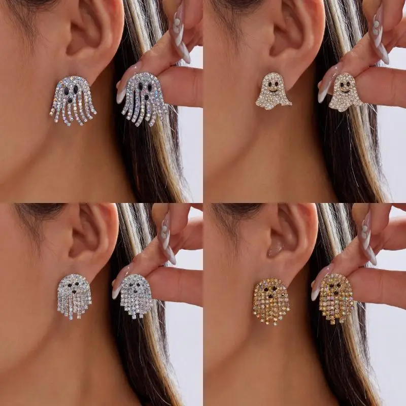 Flowing Tassel Ghost Earrings 2Pcs Sparkling Rhinestone Decor Women Jewelry for Halloween Party Cosplay Gift