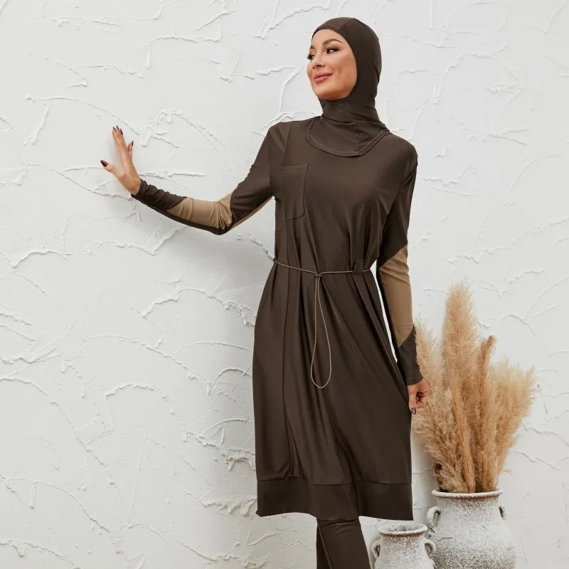 Muslim Swimsuit Women Modest Dress High Waist Pants Swimming Suit Hijab Islamic 3 Piece Set Round Neck Full Coverage Swimwear