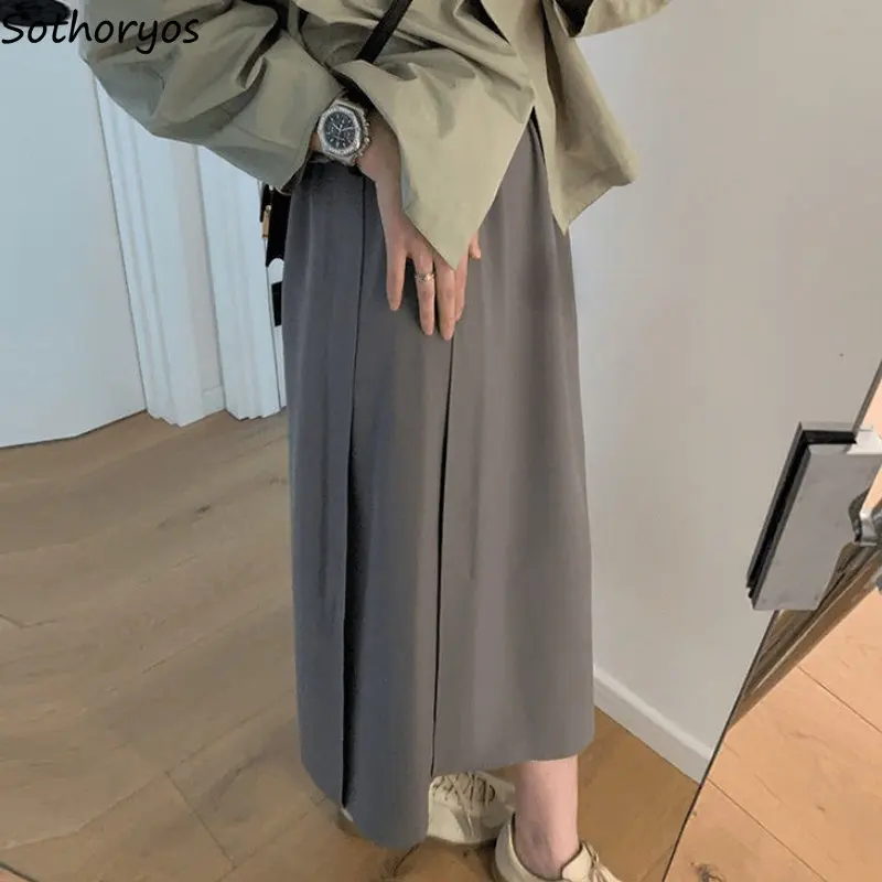 

Skirts Women Side Slit Design Loose Simple High Waist Elegant Korean Style All-match Mid-calf Daily Trendy Office Ladies Spring