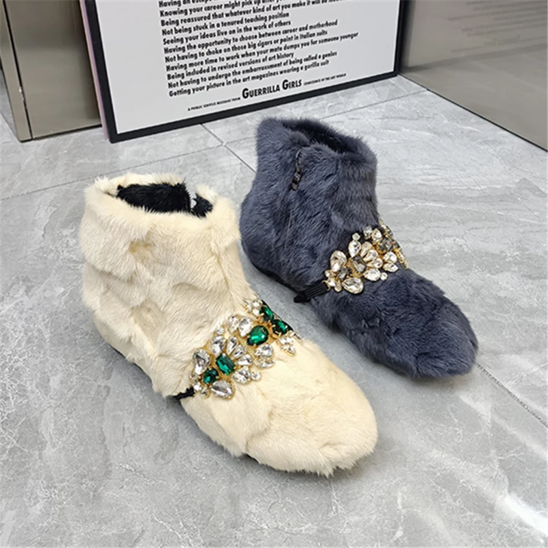 Fashion Crystal Winter Warm Furry Botines Mujer Real Mink Fur Snow Boots Thick Sole Platform Shoes Skidproof Creepers Flats