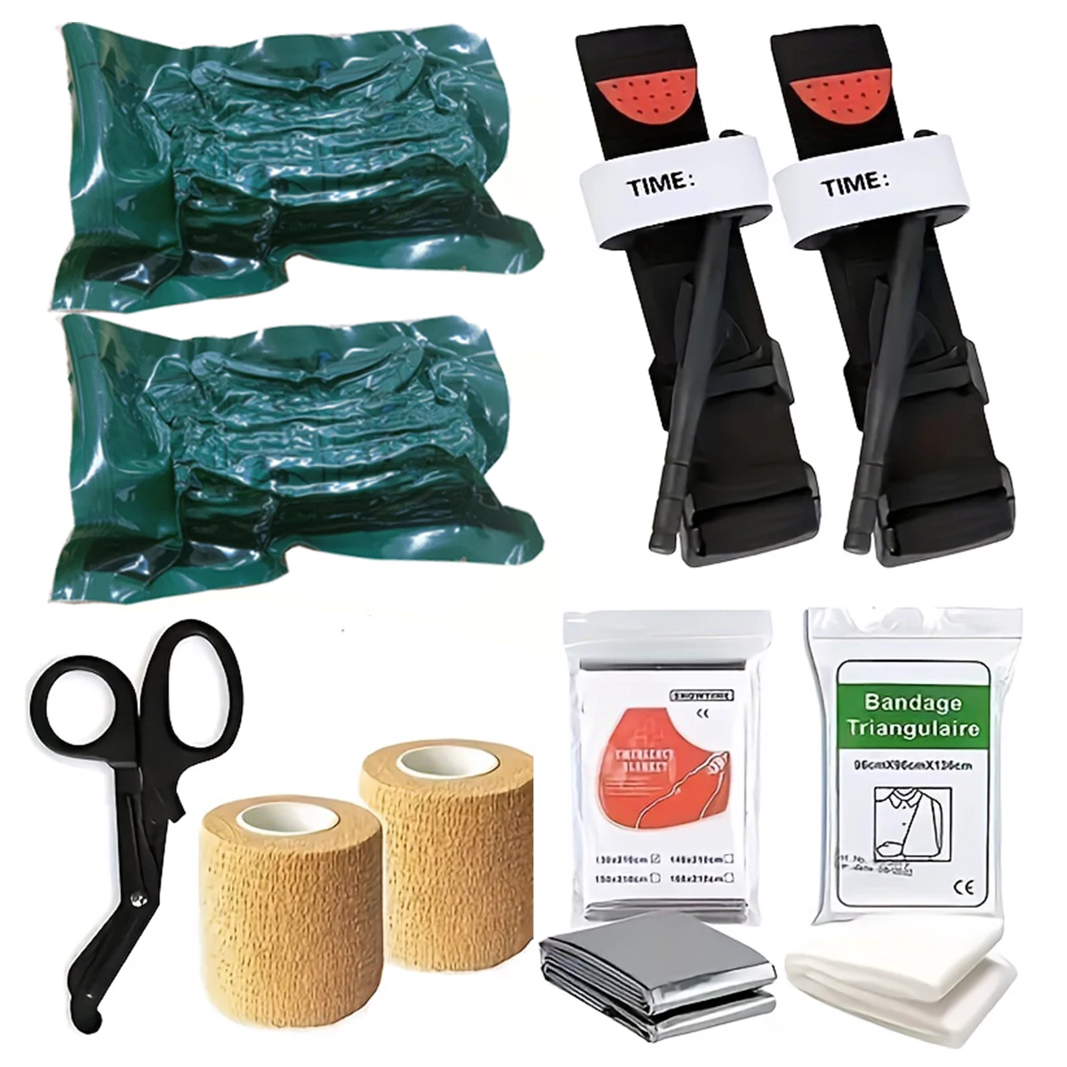 

Comprehensive first aid trauma kit with first aid bandage, durable tourniquet, triangle bandage, disinfectant pad, scissors